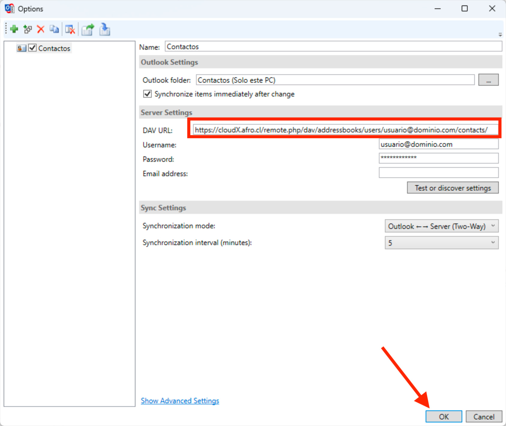 Configurar contactos Outlook Windows