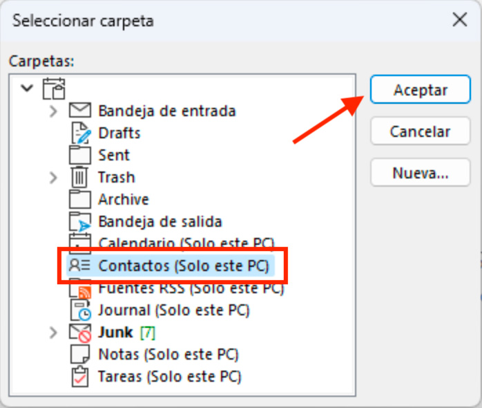 Configurar contactos Outlook Windows