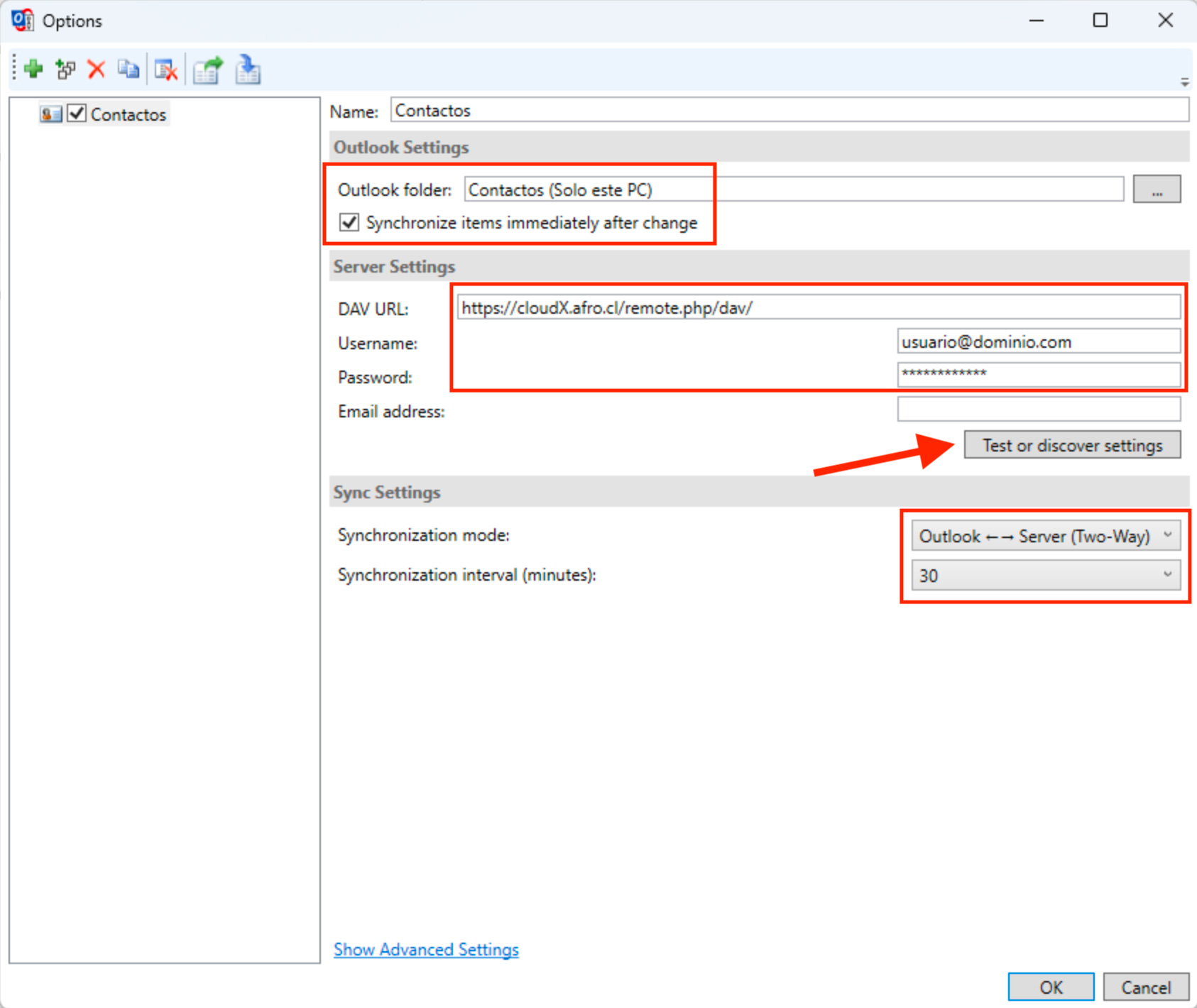 Configurar contactos Outlook Windows